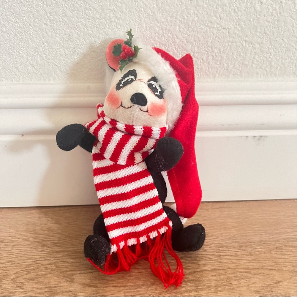 RARE Vintage Annalee Panda Doll With Red White Strip Scarf Christmas 7”